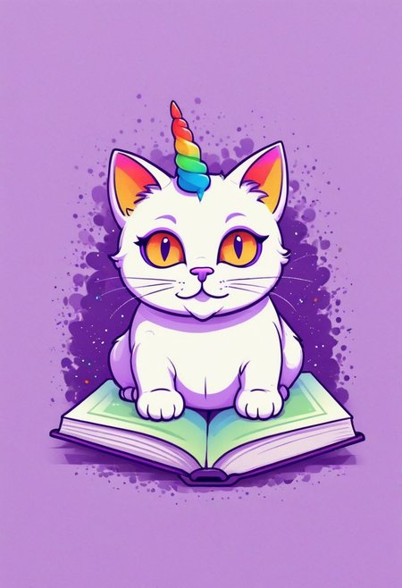 A simple doodle of an adorable cat with rainbow colored horns, lying on its side and reading a book. The background is purple, and the design includes minimalistic lines for a cute clipart style. It has a flat design aesthetic with vector art elements. Tshirt design graphic, vector graphics only, bold outlines, contour, white space around tshirt designs. Isolated on a pastel lavender color background.