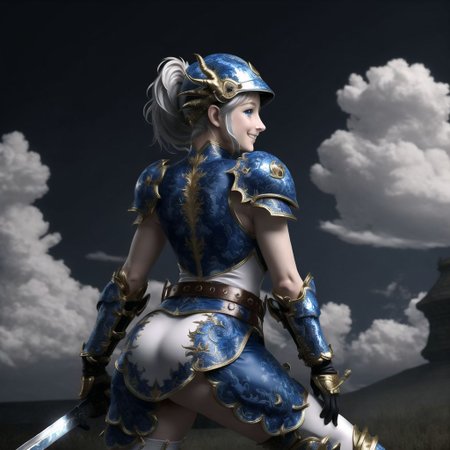 <lora:porcelain_gzhel:1.0>,  (porcelain, Gzhel, rococo:1.0), ass, belt, blue eyes, boots, dragon, elbow gloves, from below, full armor, gloves, heart, helmet, knee boots, kneepits, looking back, monster, ponytail, short hair, silver hair, skirt, sky, smile, sword, weapon, wyvern