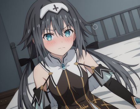 score_9, score_8_up, score_7_up, source_anime,
nibelcole,  <lora:nibelcole-s4s5-ponyxl-lora-nochekaiser:1>,
nibelcole, long hair, blue eyes, black hair, hair between eyes, twintails, very long hair, hairband, low twintails, white hairband,
skirt, detached sleeves, sleeveless, white skirt, black sleeves,
indoors, bed, bed room, on side, blush, drunk,
looking at viewer, solo, cowboy shot, dutch angle,