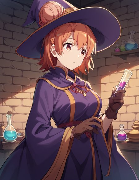 score_9, score_8_up, score_7_up, source_anime, <lora:yui-yuigahama-s2s3-ponyxl-lora-nochekaiser:1>, yui yuigahama, short hair, brown eyes, orange hair, hair bun, single hair bun, large breasts,, <lora:wizard-ponyxl-lora-nochekaiser:1>, wizard, wizard hat, robe, dress, long sleeves, gloves,, indoors, bricks, potion, flask, vial,, cowboy shot,