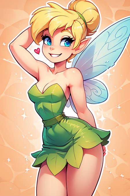 score_9, score_8_up, score_8, medium breasts, (curvy), cute, eyelashes,       BREAK, , TinkerWaifu, fairy wings, blue eyes, green dress, sexy, hair bun,  <lora:tinkerbellPonyXL_character:0.7>, , BREAK, smile, looking at viewer,  abstract background, white outline, cowboy shot, embedding:zPDXL, Expressiveh, <lora:theOtherHalfPDXL:0.8>,  <lora:CatalystStylePDXL:0.6>,  <lora:SDXLFaeTastic2400:0.5>,  <lora:Expressive_H-000001:0.4>,