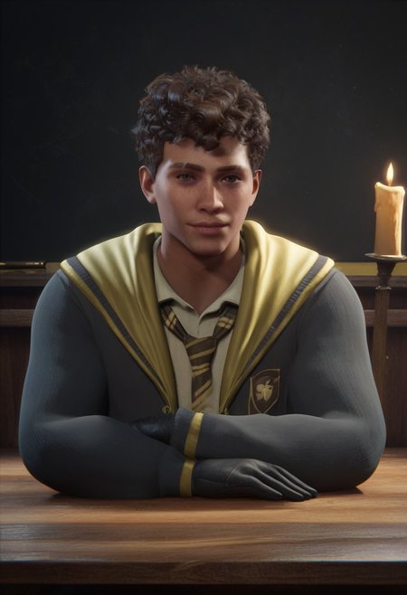 score_9, score_8_up, score_7_up, score_6_up, score_5_up, score_4_up, BREAK realistic, well built, skinny body type, twink, male focus, solo, face focus, good looking face, detailed face, detailed eyes, good looking eyes, perfect face, perfect eyes, 18 yr, soft face, perfecteyes, rounder face, 4ng3l face,
light dark skin, a scar on his right eyebrow, two eyebrow, freckless, dark brown curly hair, gaps on left, soft purple colored eyes, good lightning, great lightning, 
hogwarts interior, hufflepuff robes, black gloves, looking at viewer, hufflepuff tie,
close up shot, hogwarts interior, classroom, chalkboard, candles on a table, looking at viewer,