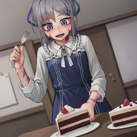 score_7_up, score_6_up, score_5_up, source_anime, anime coloring, anime screenshot,
<lora:sylvie.pony:1>, sylvie, happy, solo, 1girl,
white shirt, blue dress,
table, cake, holding fork, looking down,