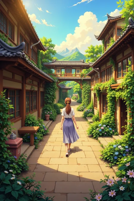 courtyard beautiful  anime landscape, golden hour, woman, very intricate, very detailed, sharp, bright, colorful, <lora:Hand v2:0.5> <lora:Anti-Blur:1><lora:Insane Detail Slider:0.25>  <lora:flux.1_lora_flyway_Epic-detail_v2:0.3> <lora:fluxenhancer:0.25> <lora:ROWER:0.6> <lora:flux-charmer-v1-1:0.4>  <lora:classic-cartoon:1> cl4ss1cc4rt00n