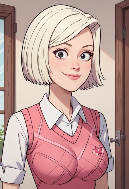 ((room background)),score_9, score_8_up, score_7_up,score_6_up, 
1girl, solo, Audrey_RS, light skin, black eyes, light blonde hair, short hair, bob haircut, white short-sleeved shirt with collar, deep pink sweater vest, dark pink skirt, cyan flat shoes, big eyes, cute, tall stature, social smile, perfect eyes, perfect smile, looking at the viewer, detailed eyes, perfect eyes, standing, big breasts (front pose, bust shot, close up to face, face portrait:1) five fingers, perfect hands, hand on hip, hand up