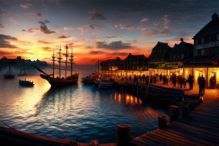 (masterpiece:1.2), (best quality,:1.2), 8k, HDR, ultra detailed, ((photorealistic)), perfect anatomy, professional light, cinematic lighting, fashion photography, ambient lighting, pire, ships, pier, outside a tavern over looking a busy harbor in the caribbean, colorful sunset