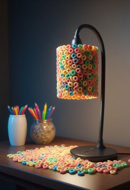 made of Fruit loops , epic picture of a desk lamp on a table, highly detailed, masterpiece, dramatic cinematic lighting, unforgettable, very intricate, high detail , photorealistic detail, ultra-realism , photorealistic,  ultra detailed ,octane render,    <lora:FruitLoopStyle_epoch_9:0.4>