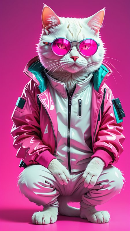 anime style, colorful illustration of a cyberpunk white  color  cat, rounded reflected  glasses,  futuristic jacket, fury belly ,  neon, 3 color, solid pink background