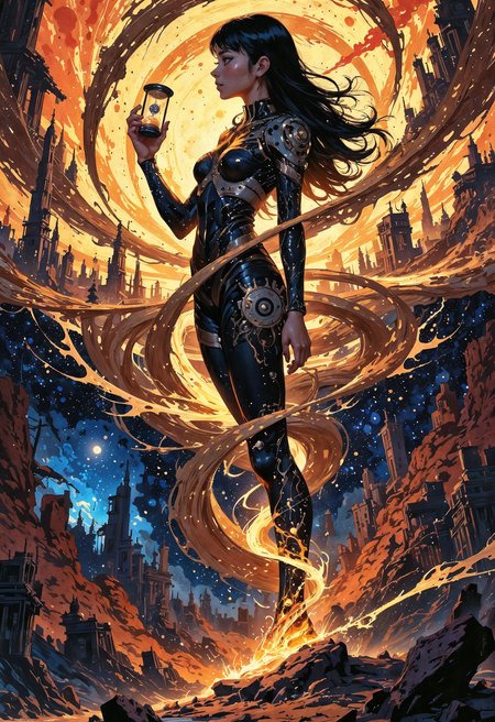 (in Otomo Katsuhiro style:1.2), masterpiece, high-quality, A time traveler with swirling bands of light circling her body, each representing different eras casting shifting shadows of various ancient and futuristic architectures onto her, She holds a small rotating hourglass filled with stars as if containing entire galaxies, The background is an abstract vortex of time and space, era fusion, cosmic hourglass, temporal glow, Stylized anime with intricate time effects and cosmic motifs, (elaborate fine details:1.1), (hyperdetailed:1.1), (intricate details:1.0), (Refined details:1.1), (best quality:1.1), (high resolution:1.2), <lora:FLUX\Anime v1.3:0.6> <lora:FLUX\VividlyReal:0.6> <lora:FLUX\FLUX-daubrez-DB4RZ:0.4>