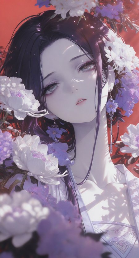 masterpiece, best quality, good quality, newest, highres, absurdres, 1girl, solo, looking at viewer, black hair, purple hair, flower, parted lips, grey eyes, head tilt, white flower, portrait, pale skin, (collarbone:0.8), delicate hanfu, earrings, forehead, purple flower, peony \(flower\),
sidelighting,bloom,sunbeam,Blurred foreground,red background, <lora:illustriousXL_stabilizer_v1.23:0.3> <lora:NOOB_vp1_detailer_by_volnovik_v1:0.3> <lora:ponyv6_noobE11_2_adamW-000017:0.45> <lora:Illustrious:0.15> <lora:XXX667:0.5> <lora:WSSKX_WAI:0.75>