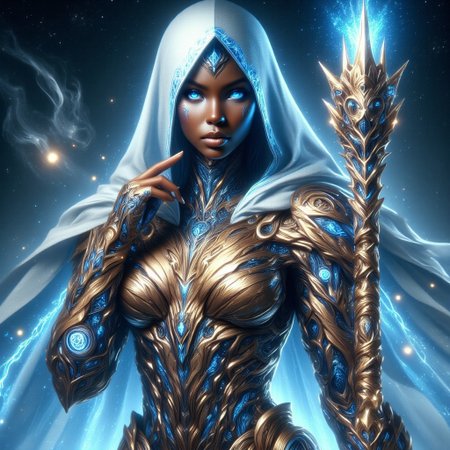 Luminara is a breathtaking figure of mystery. Her true age is obscured by the ageless grace of her elara lineage, but her presence suggests a maturity beyond her human-like form. She stands tall, with a slender yet muscular physique, a result of her cybernetic enhancements and rigorous training. Her skin is the rich, deep hue of the night sky, and her eyes are pools of luminescent moonlight that peer out from beneath her hooded white robe. Her face is often obscured by the shadows of her hood, leaving only a glimpse of high cheekbones and full lips. In her right hand, she wields a staff of ancient design, the wood grain swirling with veins of light that pulse with the energy of the runes etched upon it. The staff is an extension of her own power, a symbol of her mastery over light magic. Her left arm is encased in an exosuit of intricate design, a blend of organic and technological elements that seem to have grown from her body, hinting at a time when the line between magic and science was blurred, hkmagic