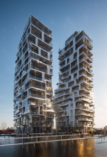 (((Modern style architecture, housing, luxury residence))),
outdoors, sky, tree, blue sky, no humans, ground vehicle, building, scenery, reflection, city, cityscape, bare tree, skyscraper, real world location,
(Large Files, Ultra Realistic, 8K, 16k, FHD, HD, VFX, Perfect, Photography, composition, Architecture Sales Photography, Architecture Competition, Ultra High Resolution, Cinematography, High Resolution Image:1.1), (dramatic lighting, direct sunlight, ray tracing, clear shadow:1.2), (real landscape:1.1), (blurred background:1.0), (urban background, more_details)  
(avant-garde, future, reality, science fiction, photorealistic), (modern architecture:1.2), White limestone with black granite, fountain, waterfall, landmark, square, path, narrow street,
(Large Files, Ultra Realistic, 8K, 16k, FHD, HD, VFX, Perfect, Photography, composition, Architecture Sales Photography, Architecture Competition, Ultra High Resolution, Cinematography, High Resolution Image:1.1), (dramatic lighting, direct sunlight, ray tracing, clear shadow:1.2),  (real landscape:1.1), (blurred background:1.0), (urban background, more_details) ,
great lighting, extremely detailed, clear, SteamPunk, <stardeaf-cold-arc>, void