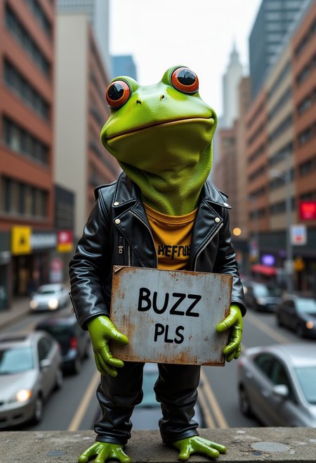 realistic photo of Frog, punk style,, leather,  innocent looking, holding a metal cardboard with "BUZZ PLS" written, standing on the bridgeof a busy city street