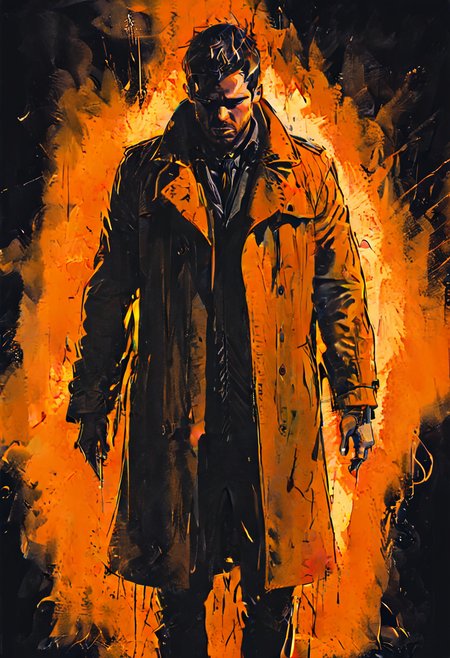 drawing of a man in a trench coat with a glowing orange body about to explode standing center of image, holding coat open, Explosion Artstyle, full body, detailed, high saturation, orange shading, saturated, <lora:Dark_Novel:1> <lora:Explosion Artstyle - Trigger is Explosion Artstyle:1>