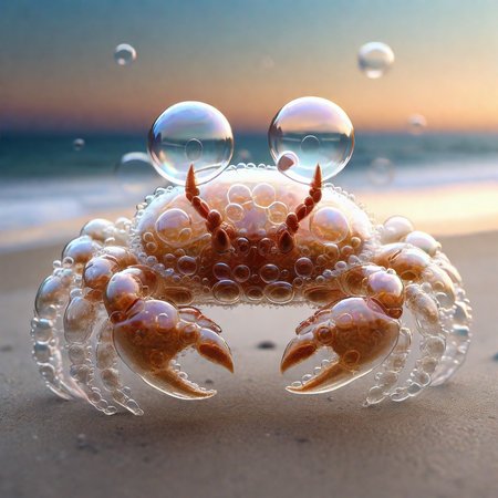 photorealistic fully transparent unusual crab completely made of soap bubbles, highly detailed, on the beach in front of the ocean, perfectly rendered
Lora: Aether_Bubbles_And_Foam_v1_SDXL_LoRA", "weight": 0.62
