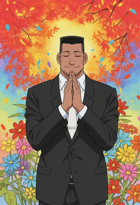 1boy, (upper body:1.5), male focus, head slight down, smile, praying, head tilt, closed eyes, 
looking at viewer, hands up, standing, own hands together,
BREAK
<lora:Inspector_Yuminaga_from_Detective_Conan_v1.0:1>
inspectoryuminaga, mature male, stubble, black hair, flattop, anime screencap, dark skin,
BREAK
black suit, white necktie, flower, pedal, multicolored background, colorful, colorful flower, plant, leaf,
falling petals, abstract background, autumn leaves, massive flowers, depth of field, bold colors,
BREAK
very awa, masterpiece, best quality, absurdres, newest, perfect quality, detailed background, intricate details,