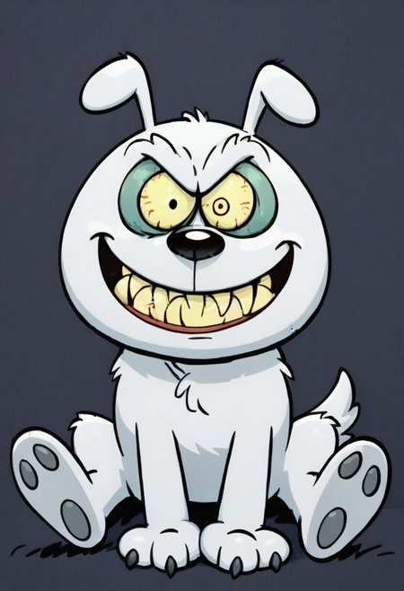 (score_9 | score_8_up | score_7_up) ((masterpiece:1))(best quality,very high quality,ultra detailed:1.2) (2D,cartoon style,anime style)(Smooth:2)(clean blurring) (four fingers on each hand,one thumb on each hand:1), solo, charles, dog, black spot on left eye, white fur, paw, dog paws, runaway brain, monstrous look, angry face, exagerated features, intense eyes, aggressie expression, hunched, menacing, sharp teeth, hunched over, full body