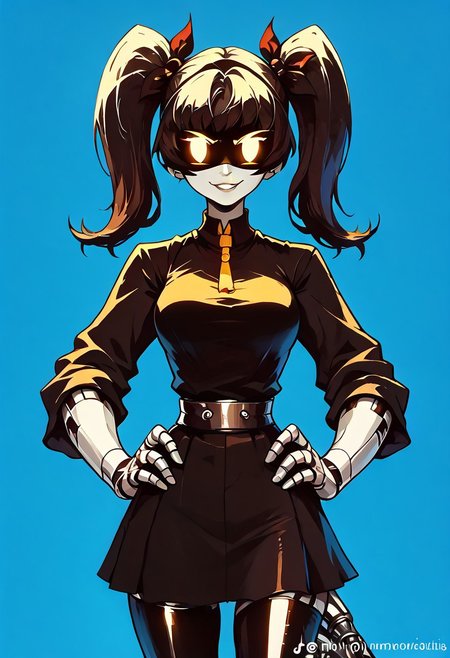 score_9, score_8_up, score_7_up, OverallDetail, BREAK solo, 1girl, solo, Robot, Visor, twin tails, yellow neon eyes, smile, monochrome, big breasts, black suit, yellow shirt, skirt, thigh highs, standing, wide hips, hands in hips, smug, BREAK robotic tail, <lora:V2_Pony_Fantasy_Knights_-_By_HailoKnight:0.95> hkstyle, score_9, score_8_up, score_7_up, simple background, dark and blue background, vibrant colors, colorful, metal skin, chromecore, bright, dark vibes, dark fantasy, monochrome, gradient