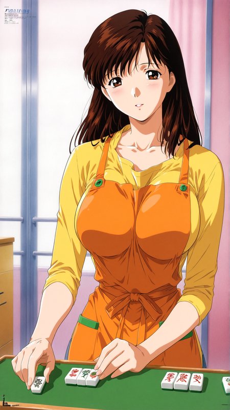 masterpiece, best quality, anime coloring, room, mahjong, mahjong tile,
1girl,solo, mahjong tile,
 <lora:Mari-Kurihara_lL_v01:1> mari-kurihara, brown hair, long hair, large breasts, brown eyes, bangs,yellow shirt, orange apron