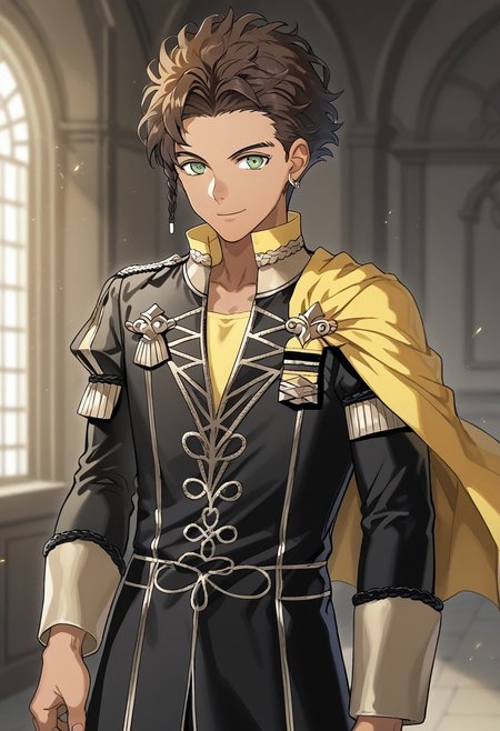 masterpiece,best quality,amazing quality, source_anime,
ClaudeVonRiegan, 1boy, male focus, solo, green eyes, brown hair, dark-skinned male, side braid, jewelry, earrings, garreg mach monastery uniform, shirt, yellow shirt, coat, black coat, high collar, epaulettes, side cape, yellow cape, pants, black pants, smile,