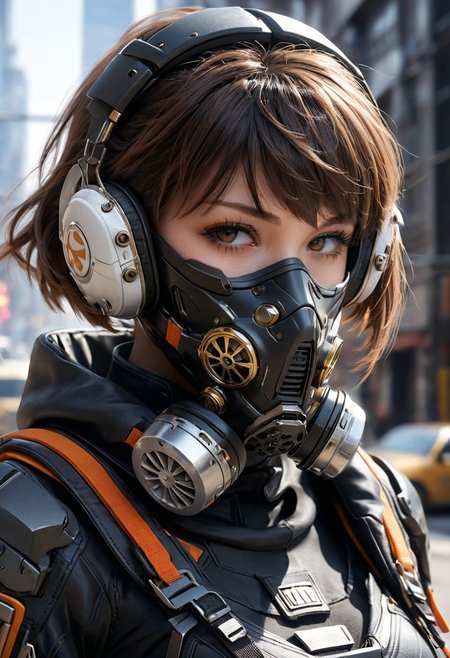 detailed photorealistic image, masterpiece, <lora:add-detail-xl:1>, great lighting, detailed face, sharp focus on face, BREAK, 1girl, solo, looking at viewer, short hair, bangs, respirator, headgear, city battlefield, science fiction, covered mouth, mechanical ears, photography, closeup of face