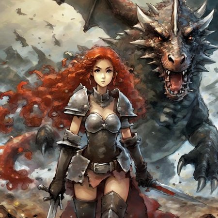 artmix04 beautiful warrior girl with long curly red hair on the battlefield with dragon in the background, very detailed<lora:artmix04:1>