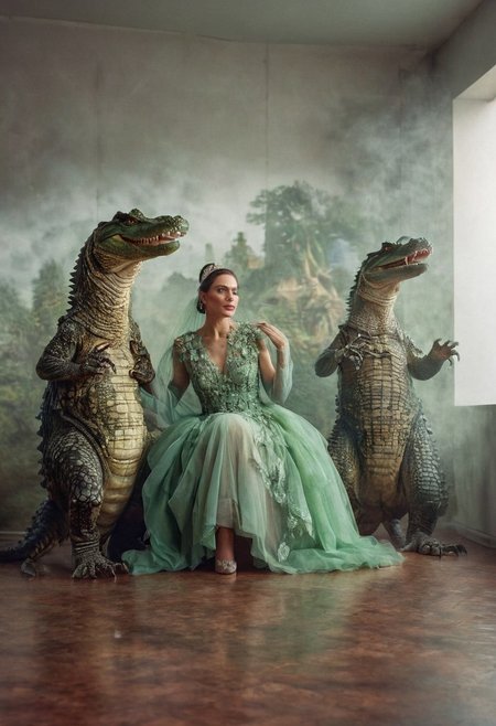 their peaks veiled photography, high detail, hyperrealistic, white wall background, three people, friendly crocodile in a dress, studio lighting in mist. mixed media, surrealism, great lighting, A surreal landscape highly detailed . extremely high-resolution details,  appears trapped in an optical illusion of reflections and refractions colorful , professional photography, natural lighting, volumetric lighting maximalist. intricately detailed, complex, elegant, expansive, fantastical, film photography style,  heavy grain