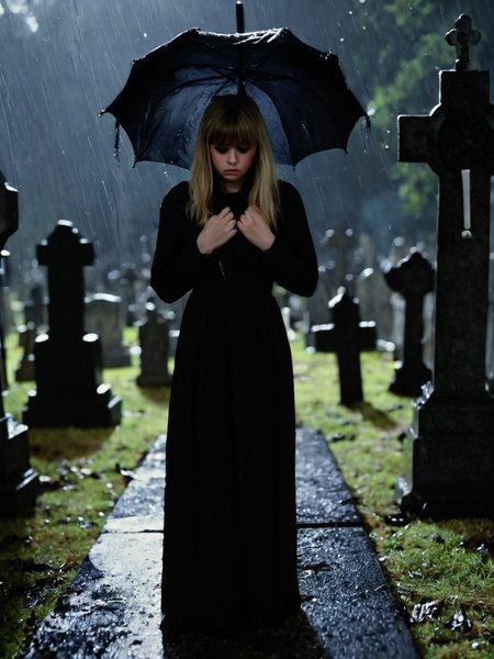 Cinematic fashion photograph  Adeera_Addams_P_MXAI_SDXL , tearful sad expression, "ready-for-a-funeral", black dress, looking down, in a rainy graveyard at dusk, ((full body shot)),  PA7_Portrait-FL