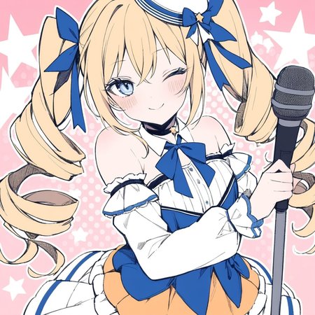 1girl, 
solo, blonde hair, hair ribbon, detached sleeves, choker, frilled dress, frills, long hair, blush, twintails, blue eyes, idol, bow, twin drills, ;\), star \(symbol\), looking at viewer, hair ornament, bowtie, smile, long sleeves, bare shoulders, drill hair, one eye closed, alternate costume, dress, ribbon, index finger raised, microphone, idol clothes, hat, 
masterpiece, best quality,  safe
 <lora:mki-a31-dodosako-v1-000070:1>