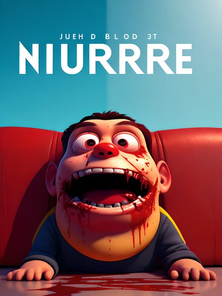 movie poster for a pixar horror movie, (3d cartoon character nightmare fuel:1.1) and (lots of blood:1.1), vhs, hyperrealism, highly detailed background, 8k uhd, dslr, soft lighting, high quality, film grain, Fujifilm XT3, HD, Sharp