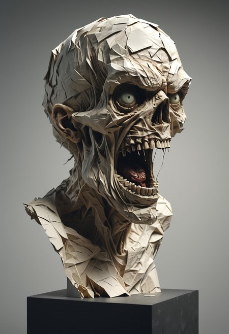 A cinematic medium shot of a 3D sculpture of a decaying zombie head made from crumpled paper. The head is perched on a pedestal and has a menacing grin, with unsettlingly realistic eyes. The sculpture is illuminated by soft, diffused lighting, which highlights the intricate texture of the crumpled paper. The background is neutral and slightly textured. The image has a high resolution and cinematic touch. Bosstyle<lora:CyberRealistic_Negative-neg:1>  <lora:detailed_notrigger:1>  <lora:XL_boss_battle:1>