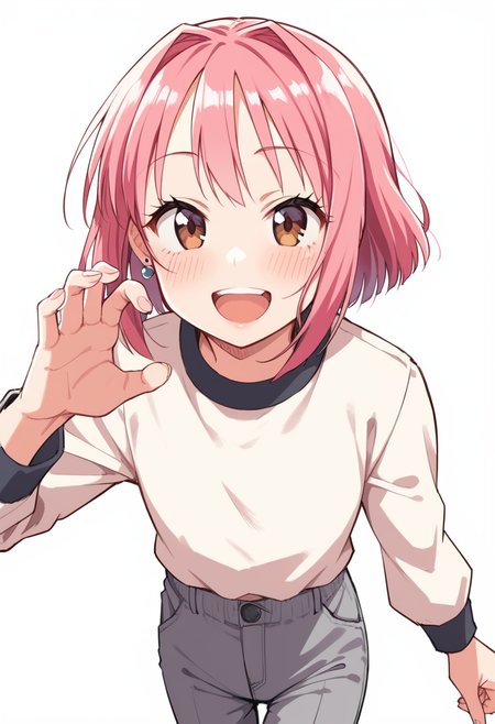 score_9, score_8_up, score_7_up,source_anime,(close up:1.3), front view,
 1girl,pink hair, brown eyes,, slender, tsurime, jitome, blush,smile beam, action pose,  open mouth, ,simple background,, outdoors, , looking at viewer, earings, looking at viewer,brown long  sleeve shirt, tyontyon, clothed, (pants:1.1) , gray pants <lora:tyontyon-02:1.1>