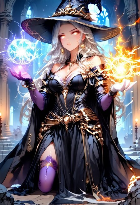 safe_pos, score_9, score_8_up, score_7_up, darkly designed, shadows, splash art, breathtaking detailed, 8k matte painting, highres, cinematic lighting, intricate detail, POV, (finely detailed face), stunning witch, thighhighs, gloves, hat, side slit dress, deep cleavage, bare shoulders, elbow gloves, witch hat, pelvic curtain, purple thighhighs, cowboy shot, from below, detailed eyes, (beautiful witch), (action pose), casting a spell, red glowing pantagram, elemental split, conjures a powerful spell, a ball of pure energy hovers over both hands, (left hand) a blue shimmering ball of lightning, an electrifying aura, (right hand) a deep red glowing fireball, the violent heat is visible, looking at viewer, complex revealing witch dress, galaxy witch hat, white glove, glowing eyes, magic, (star sky background, big bright moon), (fantasy), masterpiece, spectacular, resplendent, marvelously, red spatterd background, silhouetted, light hitting face, dynamic angle, dynamic fighting pose, <lora:Expressive_H-000001:0.8>, expressiveH <lora:MythP0rtr4itStyle:0.9> mythp0rt, <lora:Pony_DetailV1.0:0.9> sxw, inkbaroque