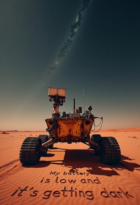 A science fiction photograph front centered view of a mars-rover at a distance, rusty, broken parts, wires, tank tracks on the red dirt, mars desert  landscape horizon, red dirt. "My battery is low and it's gEtting dark" traced in the sand. 
The background is a night sky, milky way stars in dark sky.