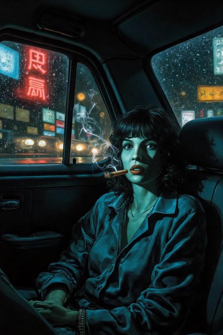 juangimenez1 illustration. 
silmas.
A woman in a rumpled silk blouse lounges in a rain-streaked taxi, her reflection fractured in the window like a cubist portrait. Chiaroscuro meets noir cinema: indigo shadows pool in the cab's corners, while neon signage outside bleeds crimson and sulfur-yellow through droplets. Smoke from her cigarillo curls into the humid air, textured like raw silk, its amber ember echoing distant brake lights. A smudged lipstick stain marks the filter; Background is a a mosaic of blurred office windows.
   <lora:juangimenez1_cap_d8a4e12:1.0><lora:857681238511646059:0>
