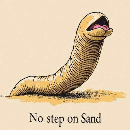 sandworm coiled up with the caption "no step on sand" undeneath in the style of snek