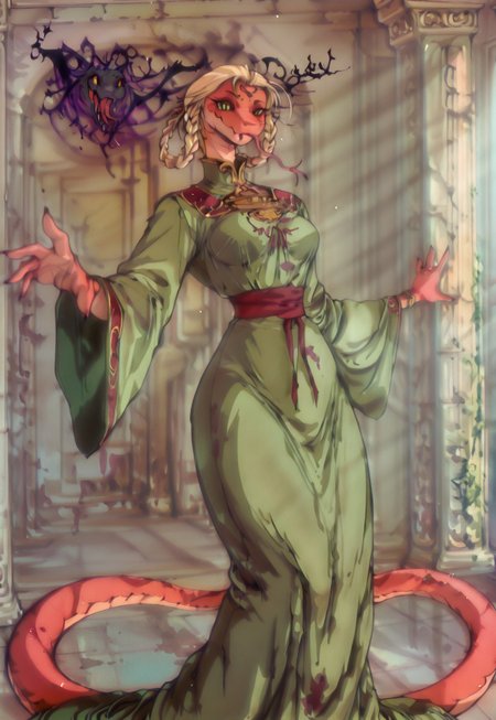 masterpiece,best quality,amazing quality, indoors, pillar
<lora:Anthropomorphic_snakes_Naga:1> anthropomorphic_snakes_(naga), 
ry4, blonde hair, braid, green eyes, braided hair rings, mole under mouth, slit pupils, solo
green dress, wide sleeves
smile, forked tongue, long tongue, tongue out, closed mouth, looking at viewer, grin, smug,
black aura, black energy, blood stain, casting spell, dynamic pose, foreshortening,
snake pose, fighting stance, standing,
dynamic pose, menacing, dutch angle, dynamic angle
<lora:Rya:1>,  <lora:forkedtongue_Illust_v1:1>,  <lora:LoRASnakePoseNoobAIXLvPred:1>,  <lora:Chinoiserie_Illu_Style:1> Chinoiserie, no humans, colored skin, fangs, facial mark, slit pupils, furry, colored sclera, black sclera, snake, scales, furry female, multicolored skin, snake girl, alien, lamia, squama, Snakegirl, Chinoiserie,  <lora:reptiloids_sdxl_v05_495-15-0:0.4> reptiloid, snake head, rolstyle