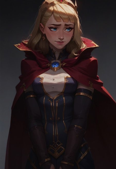 score_9, score_8_up, score_8_up, raw, masterpiece, best quality, perfect anatomy, very aesthetic, absurdres,
perky breasts, 
1girl, solo, cagliosaka,  blonde hair, half-closed eyes, nervous smile, red cape,
rating safe, standing, 
cowboy shot,  
simple grey background, Expressiveh, concept art, realistic, dark theme, low light, arcan3styl3v1,
