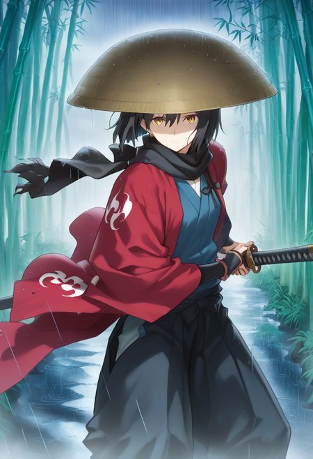masterpiece, best quality, absurdres, detailed skin, anime colored, anime screencap,
1 girl, long bob cut, Shoulder-length hair, black hair, yellow eyes, hair between eyes, looking at viewer, 
<lora:kasa:1>, ((kasa)), large hat, hat covering eyes,
<lora:samurai_armor_pony:1>, samurai, red haori, black scarf, 
iaidow,weapon, katana, holding sword, ready to draw, sheathed, unsheathing, scabbard, fighting stance, battoujutsu stance ,<lora:iaido_Illust_v1:0.8>,
heavy rain, bamboo forest, 
<lora:Takeuchi_Takashi_PonyXL_style_v01:1>,