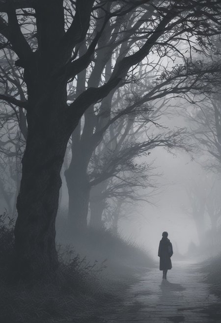 scenery, outdoor, masterpiece, best quality, ultra-detailed, (anime style), hires, dark fantasy, eerie atmosphere, uncultivated, loneliness, thriller theme, fog