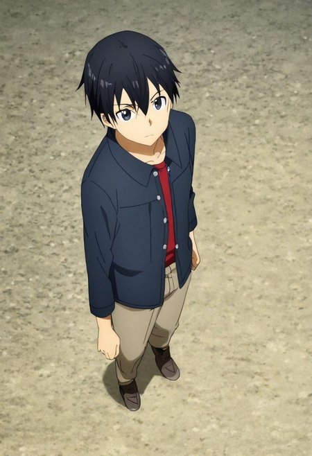 high resolution, solo, best quality, 1Boy, Kazuto Kirigaya, Black Hair, Black Eyes, casual, seen from above, gangster, dominant, intimidate, OverallDetail