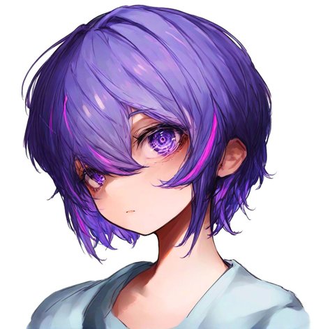 1girl, solo, simple background, from above, looking at viewer, purple hair,  purple eyes, hair between eyes,   streaked hair, masterpiece, best quality, very aesthetic, absurdres