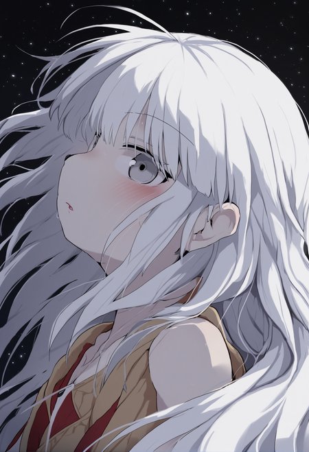 masterpiece, hyper detailed, best quality,(furry:1.3),1girl, solo, white hair, long hair, grey eyes, bangs, black background, parted lips, star \(sky\), upper body  ,<lora:DAGASIXLlokr8f-000188:0.95>