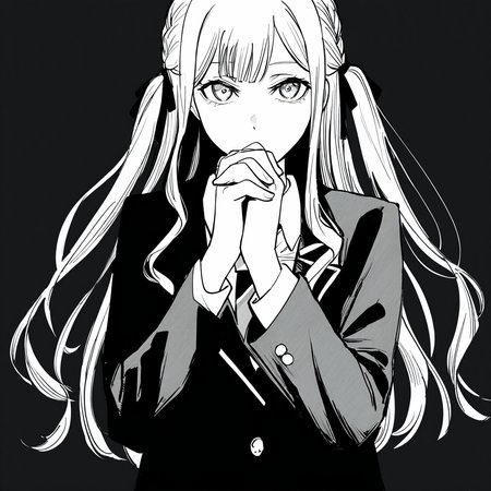 1girl,togawa sakiko,bang dream!,bang dream! it's mygo!!!!!,
clasped hands,
very awa,holding,collared shirt,diagonal-striped clothes,diagonal-striped necktie,necktie,jacket,haneoka school uniform,jacket,long hair,long sleeves,looking at viewer,necktie,school uniform,shirt,sidelocks,solo,striped clothes,black background,white shirt,blazer,two side up,
masterpiece,best quality,amazing quality,very aesthetic,highres,absurdres,<lora:ftstyle-noob05-v2:1>,ftstyle,monochrome,greyscale,solo,