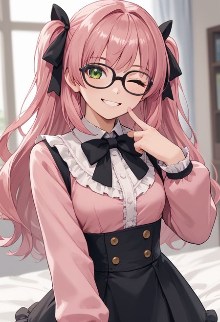 score_4,score_5,score_6,score_7_up,score_8_up,score_9 ((masterpiece,best quality,ultra detailed,highres,HD,4k:1.2)), 
Azure Striker Gunvolt(Main),
1 cute girl,solo,girl forcus,solo forcus,
Isola(Normal),long hair,straight hair,pink hair,green eyes,glasses,
 black bowtie, black ribbon, bow, bowtie, frilled shirt, frills, jirai kei, long sleeves, neck ribbon, (pink shirt), ribbon, 
smile,wink,closed one eye,smile,happy,