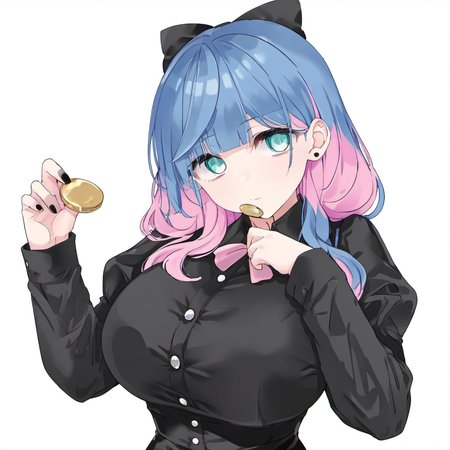 1girl, stocking (psg), huge breast, aqua eyes, black dress, black nails, blue hair, blunt bangs, bow, buttons, cake, cake slice, coin, collared dress, colored inner hair, dress, empty eyes, expressionless, food, hair bow, hands up, head tilt, holding, holding coin, holding food, juliet sleeves, long hair, long sleeves, looking at viewer, multicolored hair, nail polish, pink hair, puffy sleeves, sidelocks, solo, staring, upper body