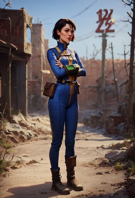 score_9, score_8_up, score_7_up, 1girl, 20 year old, gorgeous woman, wearing a vault tec vault suit, pipboy3000, fallout, tiny arms, tiny legs, tiny size breasts, tiny petite frame, harsh sunlight, standing, posing shyly