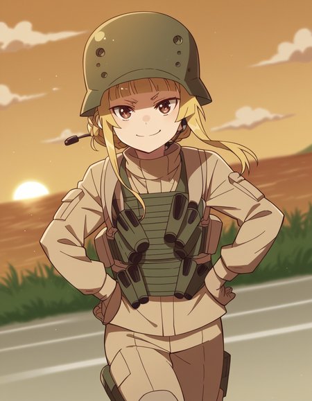 score_9, score_8_up, score_7_up, source_anime, <lora:fukaziroh-s1-ponyxl-lora-nochekaiser:1>, fukaziroh, blonde hair, brown eyes, braid, hair bun, single hair bun,, uniform, military, military uniform, helmet, load bearing vest, suburban neighborhood, morning jog, earphones, running shoes, fresh air, sunrise, smile, looking at viewer, smug, hands on hips,, solo,, cowboy shot, dutch angle,