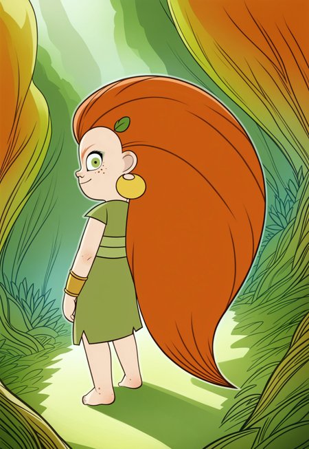(zPDXL3), full body, solo, 1girl, best quality, 1girl, solo, mebh_human, green eyes, long hair, orange hair, earrings, barefoot, earrings, jewelry, leaf, freckles,  looking at viewer, from behind, smile, dynamic pose, outdoors, forest, dynamic angle 