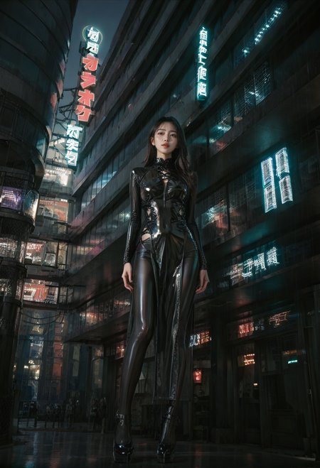 ,ruanyi0887,skyscraper,outdoors,night,neon lights,,ruanyi0849,black bodysuit,black dress,latex bodysuit,side slit,see-through,pelvic curtain,cross-laced clothes,pantyhose,1girl,solo,<lora:0887 Commercial street at night_v1_pony:1>,<lora:0849 black cheongsam v2_pony:0.7>, score_9,score_8_up,score_7_up,,8k,1girl,solo,,